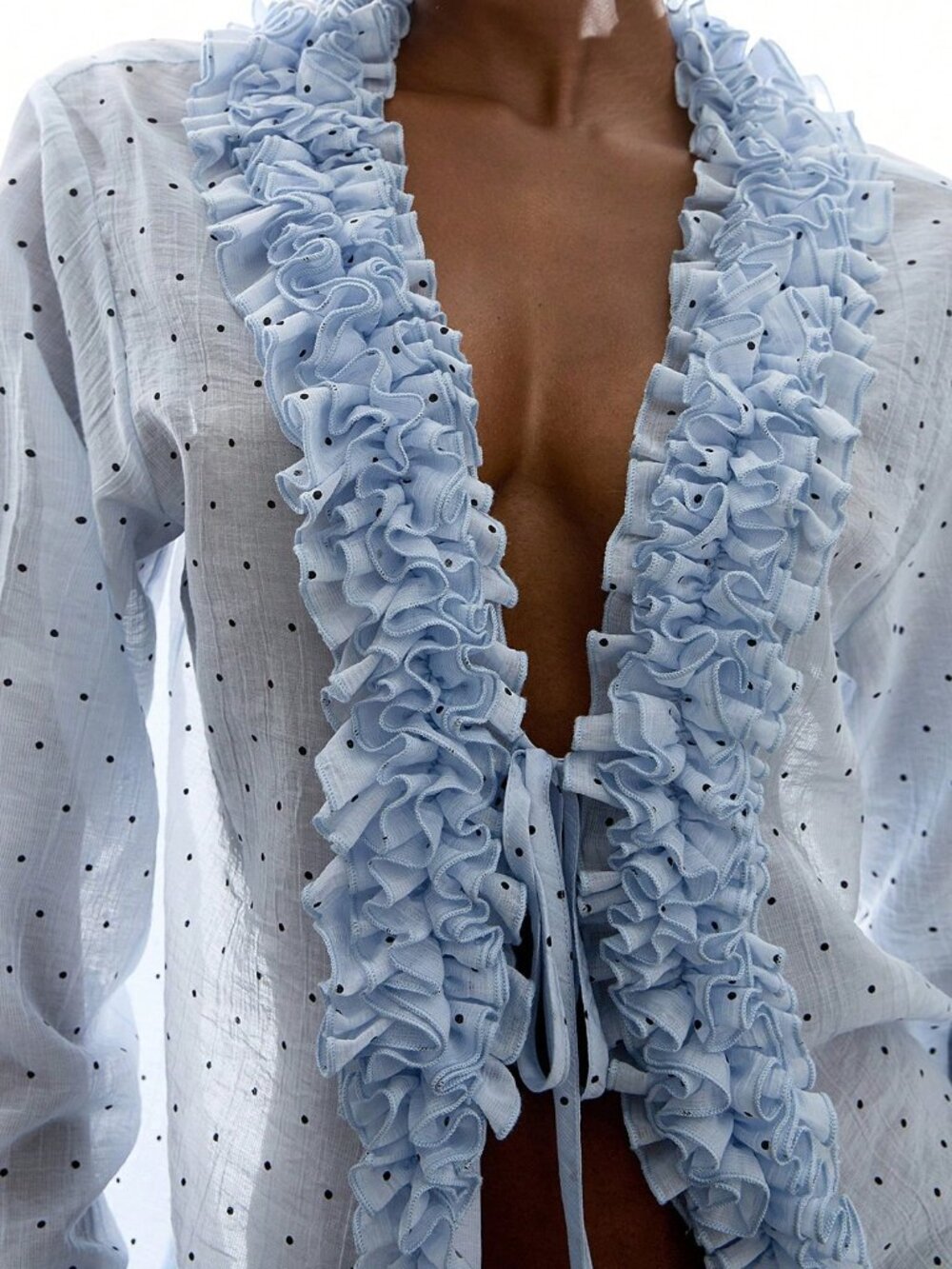 Blue Casual Women's Sexy Polka Dot Print Ruffle Hem Blouse - Picture 3 of 9